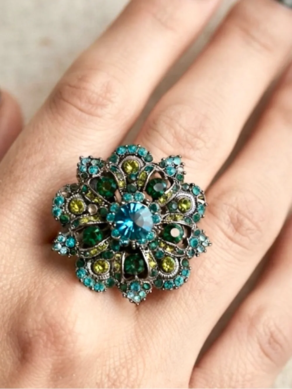 Teal & Emerald Crystal Floral Statement Ring